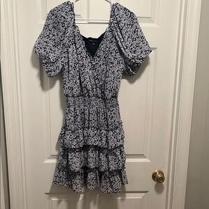 Elegant Blue Floral Dress with Ruffles